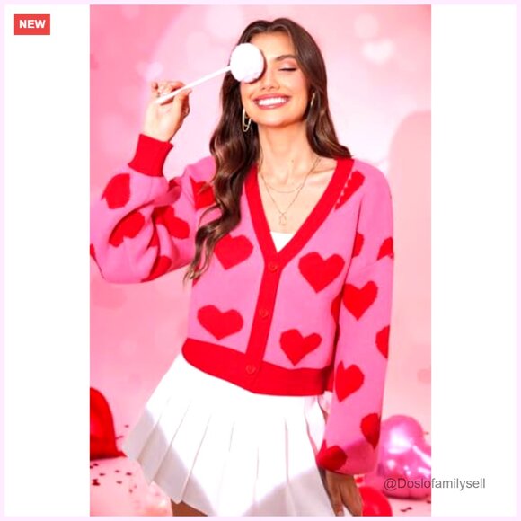 Cropped Cardigan Button Down Long Sleeve Y2K Heart Graphic Sweater Chic - Picture 5 of 7